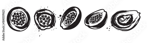 Tropical fruit slices are depicted in a dynamic grunge style, featuring various hand-drawn illustrations with ink splatters and organic textures.