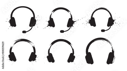 Six stylized headphones and headsets with artistic ink splatter effects representing communication, music, and audio technology in a modern graphic design.