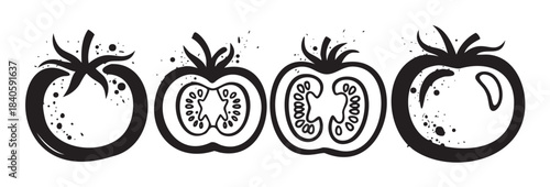 Four stylized black and white tomatoes are depicted in a row, showcasing whole and sliced views with a rustic, hand-drawn artistic flair.