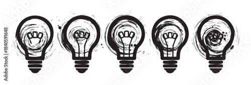 Five distressed light bulbs illustrate the concept of creative ideas, innovation, and problem-solving through artistic brushstroke design.