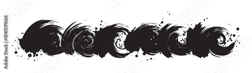 Abstract black ink brushstrokes create a dynamic artistic design element with expressive texture and energetic splatters, perfect for creative projects.