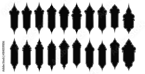 Collection of black silhouette vector icons featuring various ornate Islamic or Moroccan lantern and window shapes