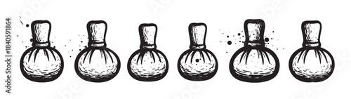 Herbal compress balls are depicted in a hand-drawn, grunge style illustration, showcasing traditional spa and wellness therapy tools arranged in a decorative row.