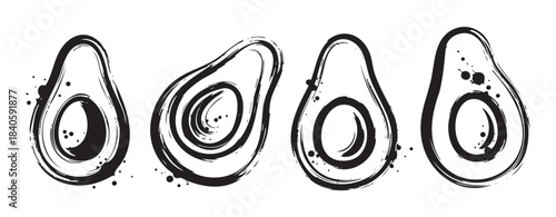 Four stylized black ink brushstroke avocados with pits depicted in a modern, artistic graphic design for healthy food and vegan lifestyle concepts.