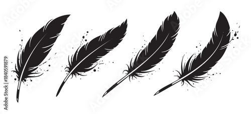 Four black stylized quill feathers with ink splatters creating an artistic and elegant graphic illustration, perfect for design elements or decorative purposes.