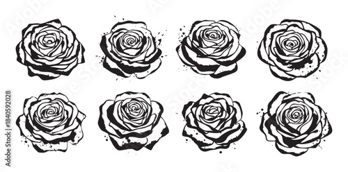 Eight black and white rose illustrations with a distinct grunge ink splatter effect are presented as a versatile collection for various design projects.