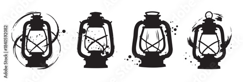 Vintage kerosene lanterns silhouettes with artistic grunge textures and ink splatters creating a rustic, old-fashioned, and decorative illustration.