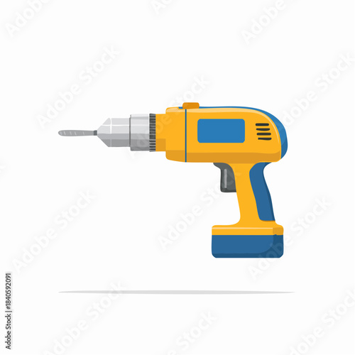Electric Drill Vector Illustration, Yellow and Blue Cordless Power Tool, Handyman Instrument, Home Improvement Project