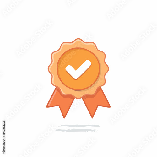 Orange achievement badge with tick in center; design element for quality, success, certification, or validation
