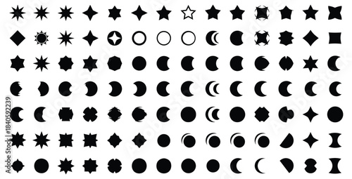 Collection of black and white celestial and geometric icons representing stars moons and abstract shapes