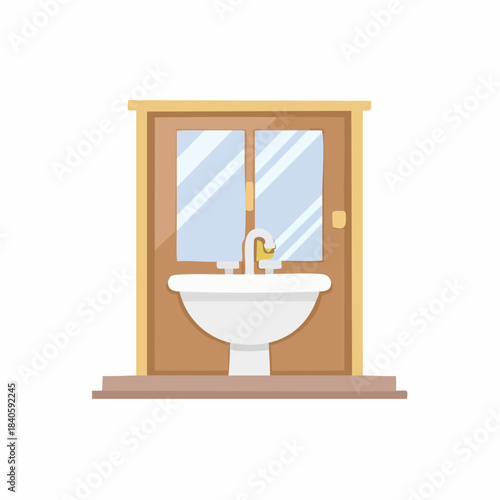 Bathroom Interior Showing Sink and Mirror Door Fixtures in a Bright Flat Design