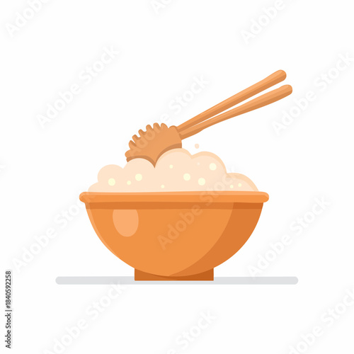 Steaming rice served in orange bowl with chopsticks and rice paddle, a complete and traditional Asian staple food cartoon meal