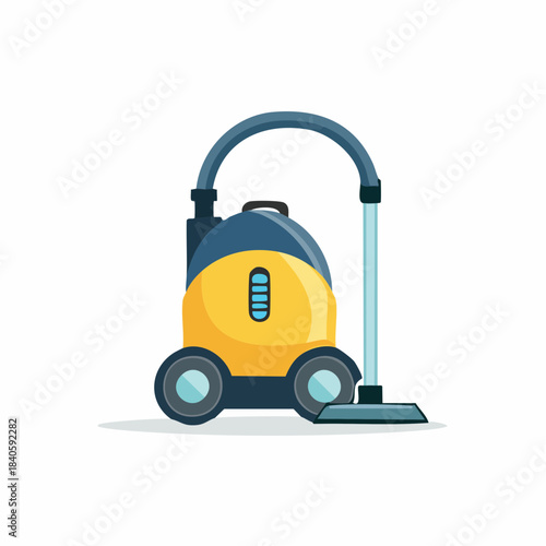 Modern canister vacuum cleaner in yellow, blue, and black, ready for cleaning or dusting chores and household sanitation tasks.