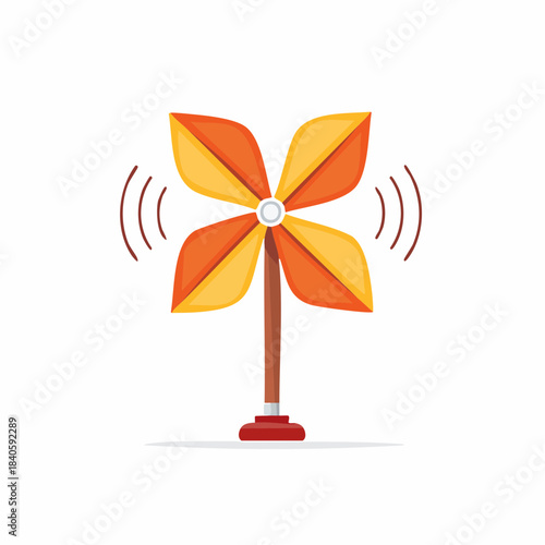 Cartoon vector illustration of a spinning toy fan, pinwheel with four orange and yellow petals.