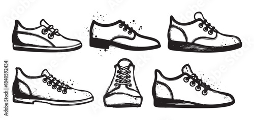 Collection of various hand-drawn black and white shoes in different styles and angles, featuring a distinct grunge sketch aesthetic with ink splatters.