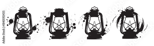 Four vintage oil lamps with artistic grunge effects and ink splatters, presented as a set of rustic and nostalgic illumination symbols.