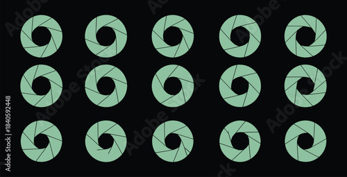 Fifteen light green camera aperture icons arranged in a three by five grid demonstrating various f stop settings
