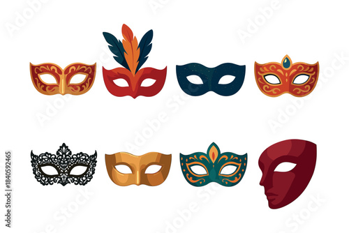 Carnival masks collection, flat vector illustration, masquerade, decorative designs