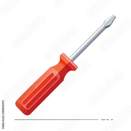 Flathead screwdriver with red handle used for turning screws during repair work or assembly