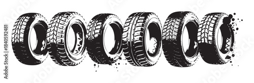 Six black and white tires with various rugged tread patterns are arranged in a row, featuring a dynamic grunge vector style with ink splatters.