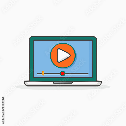 Laptop Showing Media Playback with Play Icon and Progress Bar, Vector Illustration for Educational and Entertaining Content