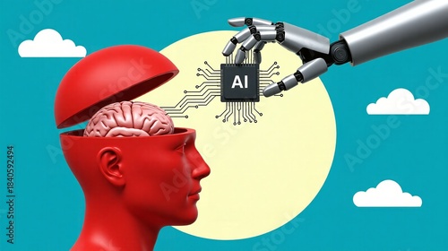 Robot inserting artificial intelligence chip into stylized human head