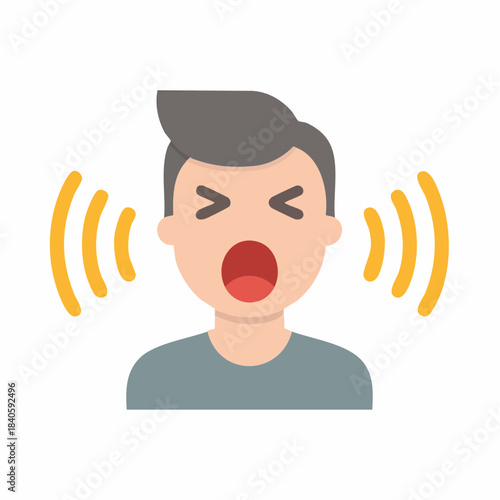 Man feeling hearing impairment with yellow sound waves around his head; representing listening difficulty or ear pain