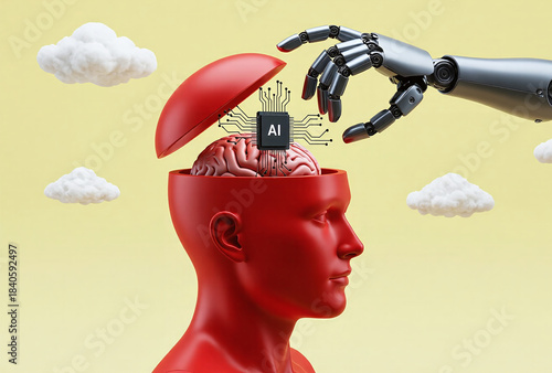 Robot inserting artificial intelligence chip into stylized human head