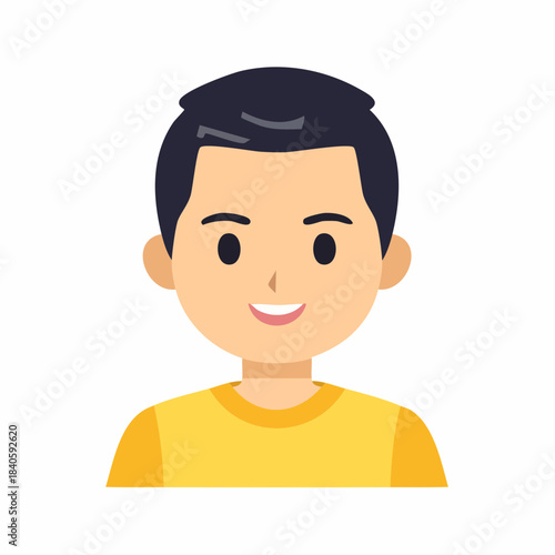 Illustration of a Young Boy's Smiling Portrait with Dark Hair and Yellow Shirt