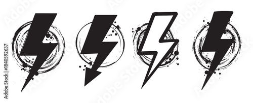 Lightning bolt icons grunge style electric power symbols with distressed texture and rough brush strokes for energy and warning concepts.