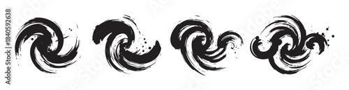 Abstract brushstrokes form a collection of dynamic black ink swirls, featuring expressive grunge textures and artistic splatters, ideal for modern graphic design projects.