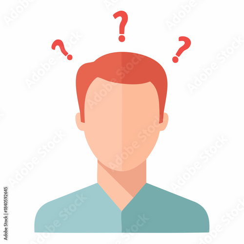 Confused person illustration with red question marks above head conveys uncertainty and lack of knowledge.