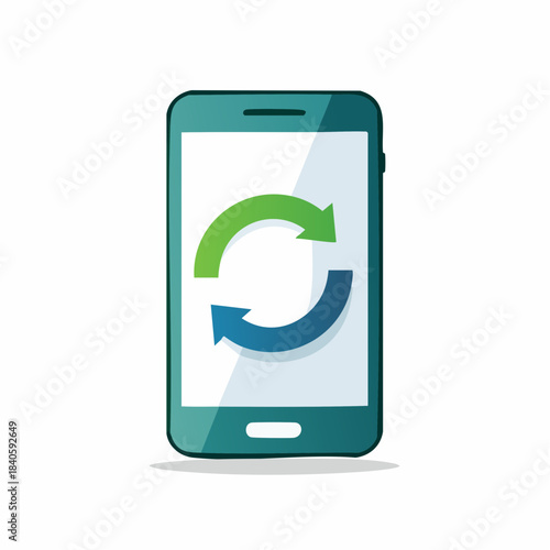 Mobile phone screen displays a syncing or loading process with circular arrow symbols in blue and green tones