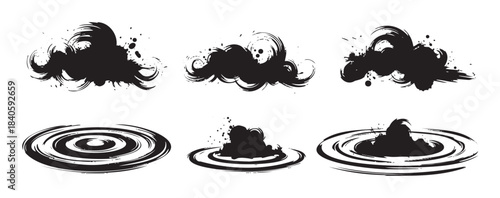 Dynamic black ink splashes and water ripples form a versatile set of grunge brush stroke elements perfect for artistic design projects.