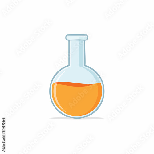 Round bottom flask with orange liquid in laboratory. Medical research tool. Chemical experiment, vector illustration.