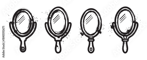 Four distressed hand mirrors with grunge texture and ink splatters creating a unique artistic design element for beauty and reflection concepts.