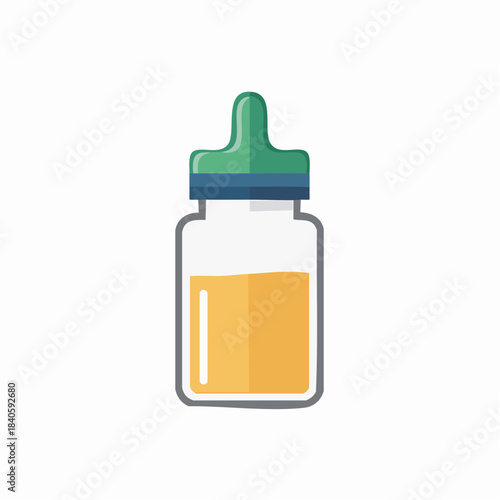 Baby bottle with yellow liquid for feeding, isolated on white background, infant utensil equipment, baby care accessory, bottle design