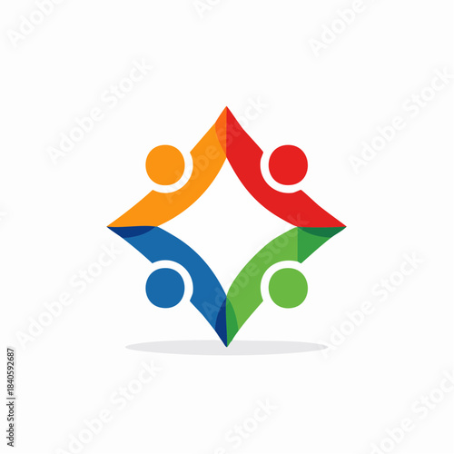 Abstract teamwork concept illustration shows four people connected in bright colorful collaboration creating dynamic shape