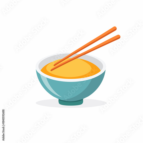 Bowl of golden soup with chopsticks vector illustration of Asian food