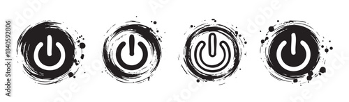 Power button icons in a grunge brush stroke style, featuring a collection of artistic on and off symbols for modern interface designs.