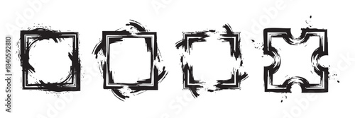 Grunge frames set features various artistic brush stroke borders and ink splatter designs, perfect for creative graphic design projects and decorative elements.