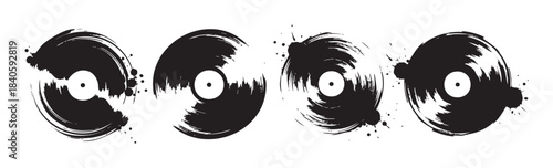 Four stylized vinyl records with a grunge brushstroke effect are arranged horizontally, depicting a retro music and audio concept in black and white graphic art.