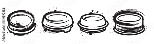 Four stylized bottle caps with grunge ink splatter details creating a unique artistic hand-drawn illustration suitable for various design projects and themes.
