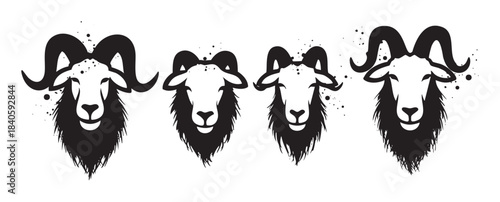 Four stylized ram heads with large horns and a textured, grunge-like appearance are depicted in a black and white graphic illustration.