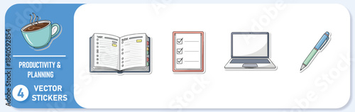 Boost your daily efficiency with these charming productivity and planning digital stickers featuring coffee and tech tools