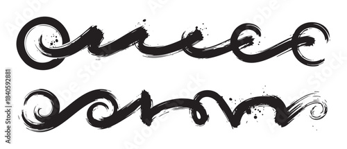 Two artistic black brushstroke lines with a wavy, textured design and ink splatters create a dynamic and expressive decorative element for various graphic projects.
