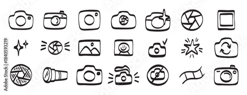doodle hand drawn camera Photography Related Icons set. Chalk Crayon Drawing camera or photo