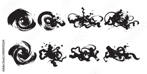 Abstract black ink brush strokes create a dynamic collection of artistic elements and expressive textures, perfect for graphic design projects and creative overlays.