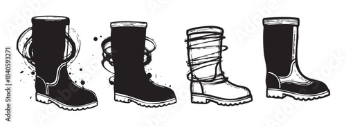 Four different styles of boots are depicted in a black and white hand-drawn vector illustration with artistic ink splatters and grunge textures.