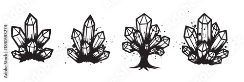 Four crystal clusters illustrations in a grunge style, showcasing various arrangements of faceted gemstones with ink splatters and a unique crystal tree design.